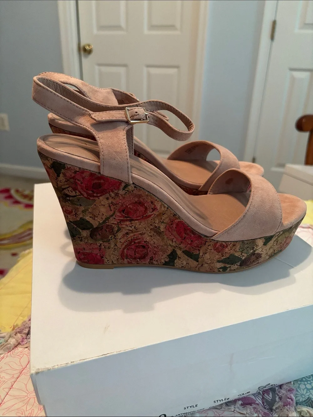 Anthropologie Blush Suede Wedge Sandals with Floral Cork Platform